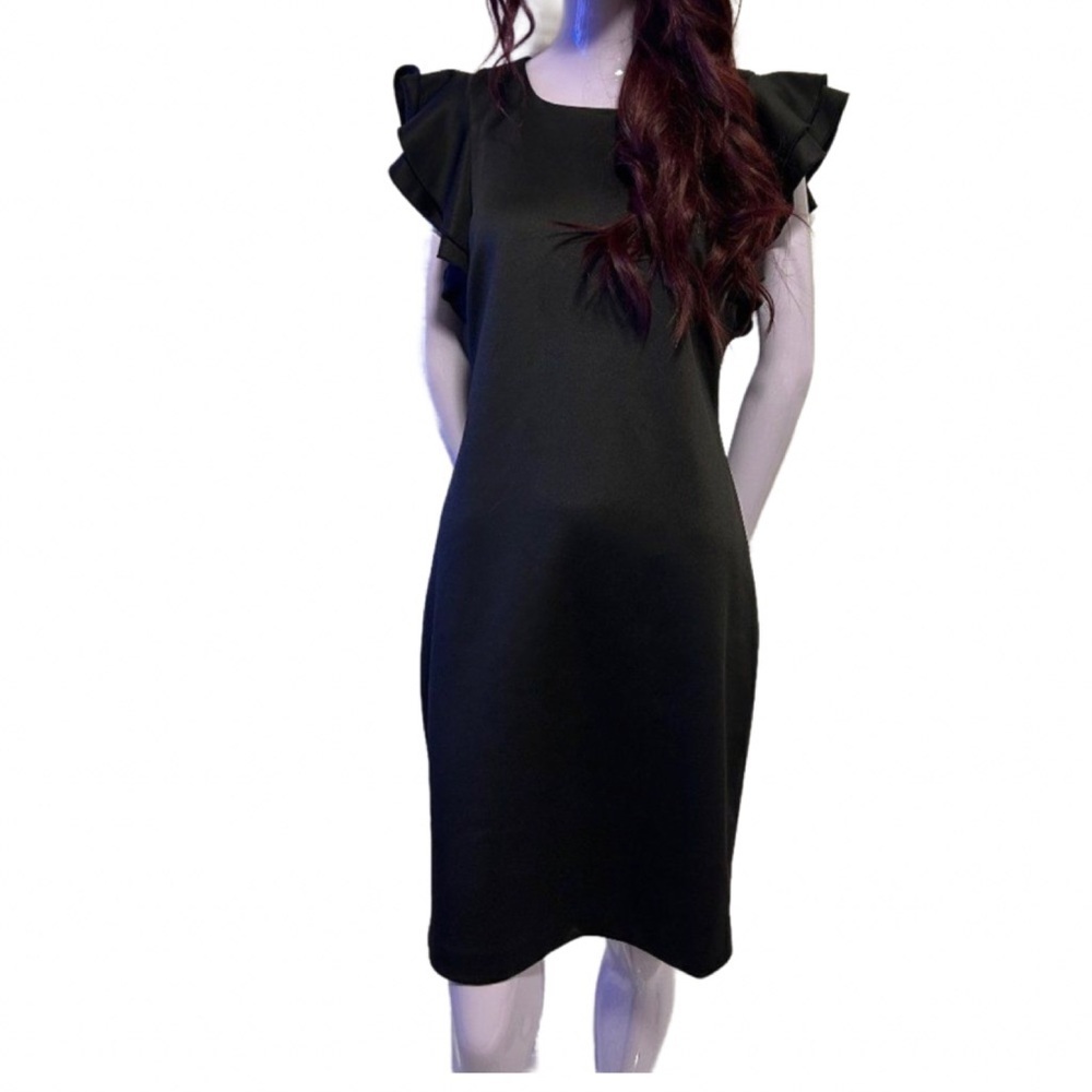 Tommy Hilfiger Scuba Crew Neck Flutter Ruffle Cap Sleeve Sheath Dress